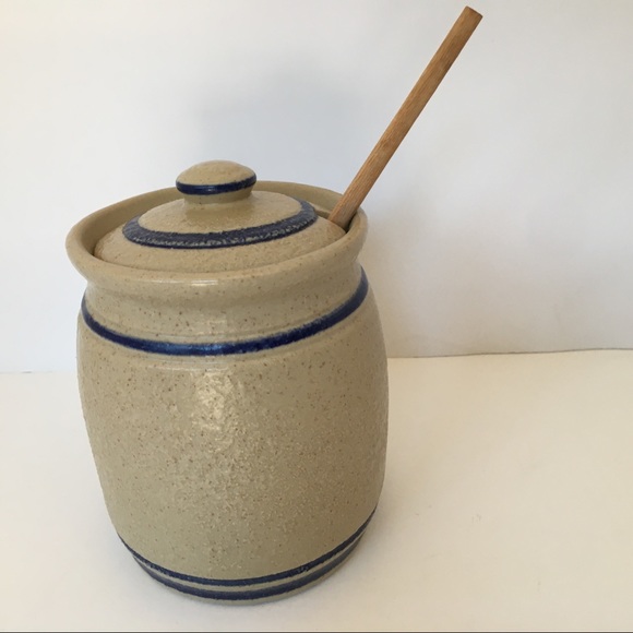 Salt Glazed Jam Jar Cobalt Blue stripes Beige Lid pottery Spoon Grapes vintage - Picture 14 of 15